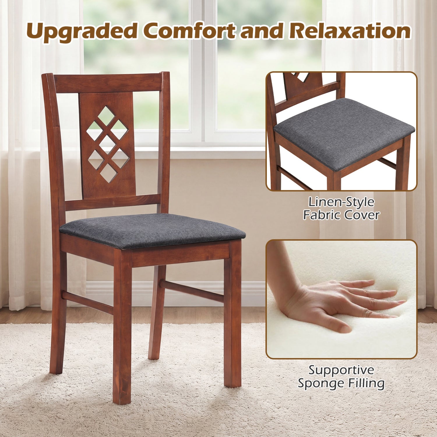 Linen Style Upholstered Kitchen Chairs with Wood Frames Set of 4-Cherry