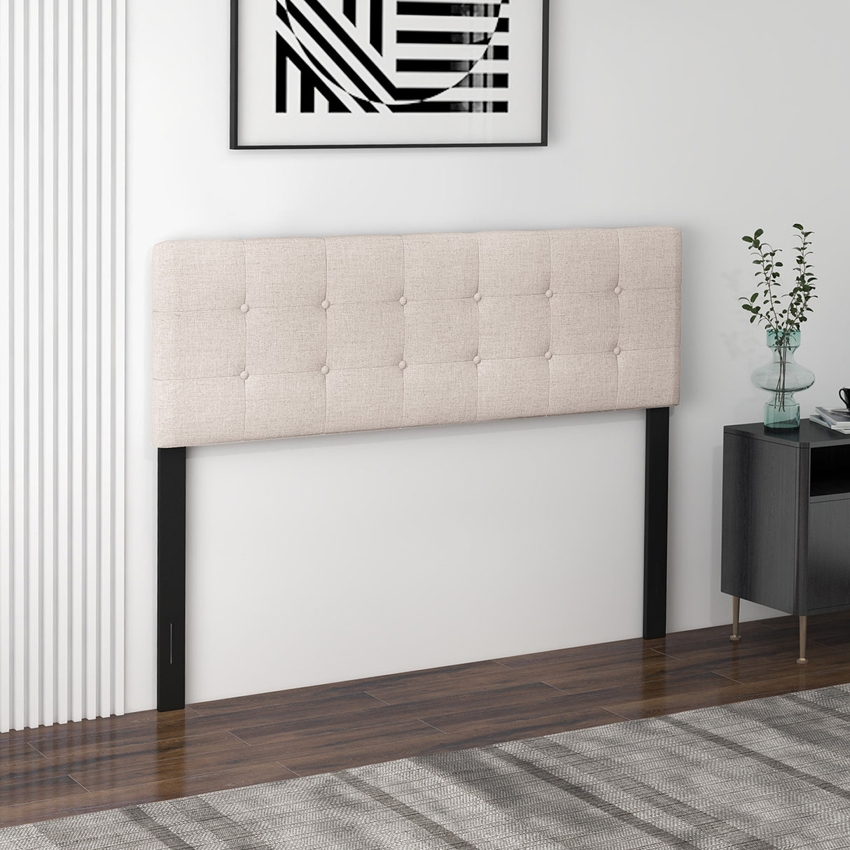 Linen Upholstered Headboard with Solid Rubber Wood Legs
