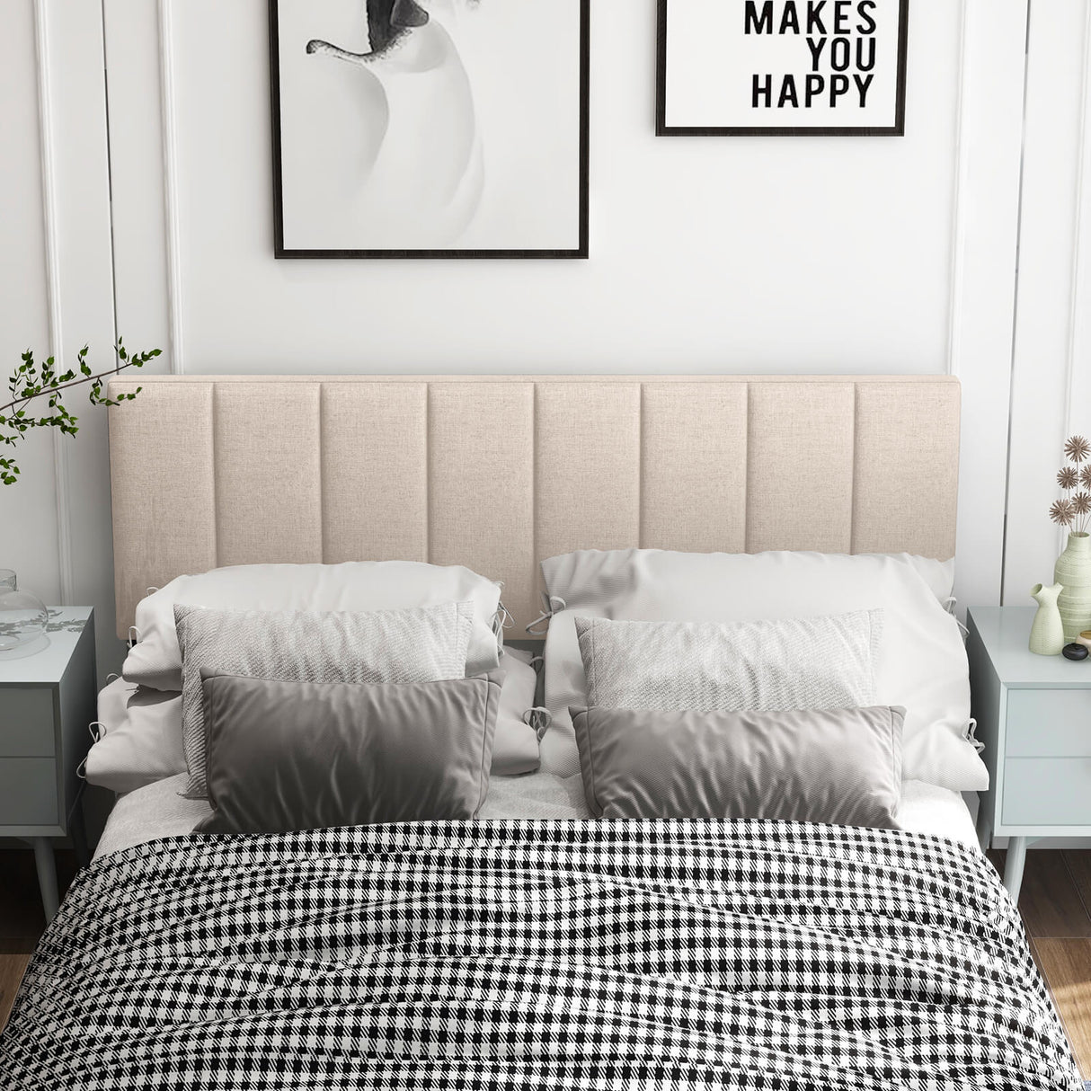 Linen Upholstered Headboard with Solid Wood Legs and Adjustable Width