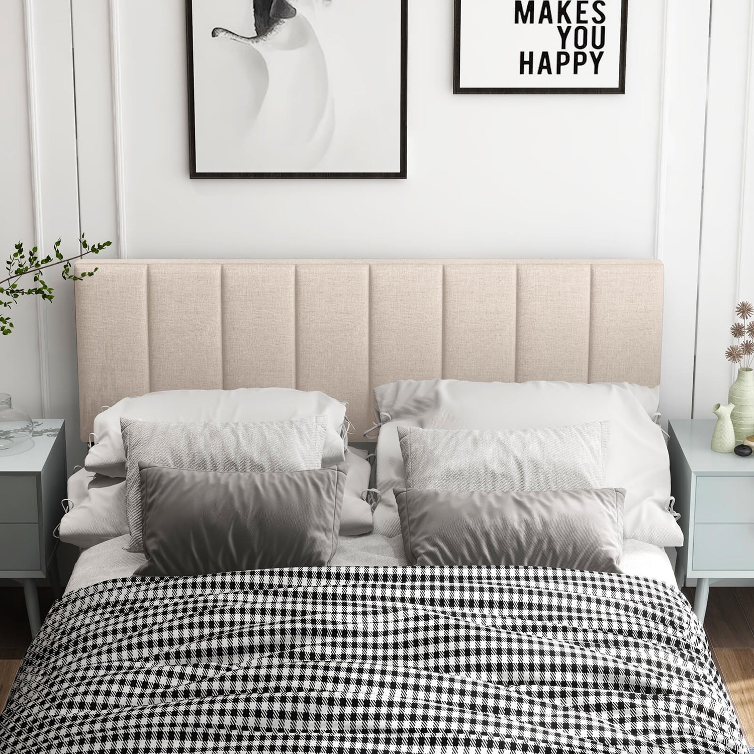 Linen Upholstered Headboard with Solid Wood Legs and Adjustable Width