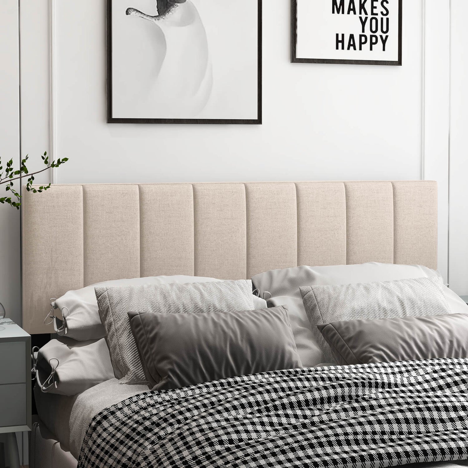 Linen Upholstered Headboard with Solid Wood Legs and Adjustable Width