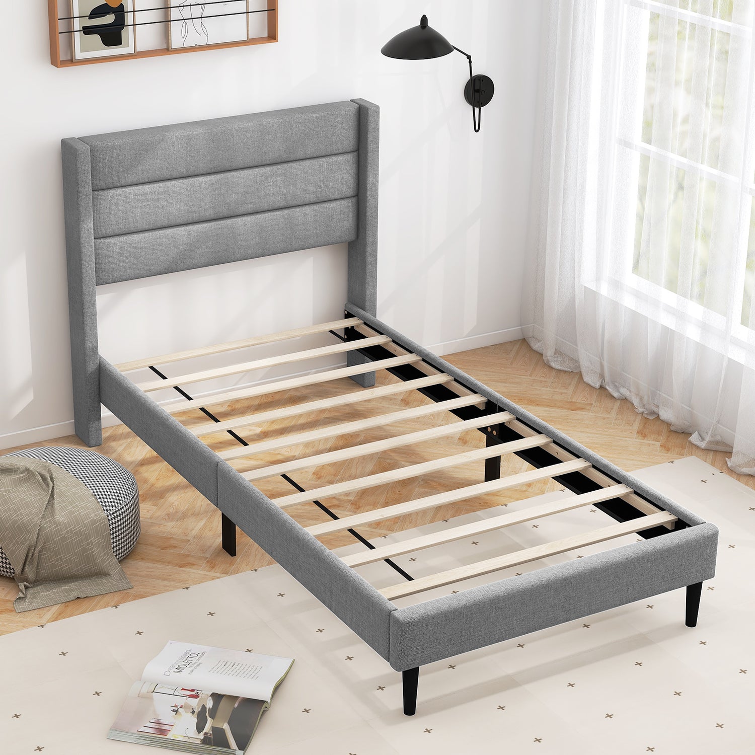 Linen Upholstered Platform Twin/Queen Bed Frame with Wingback Headboard