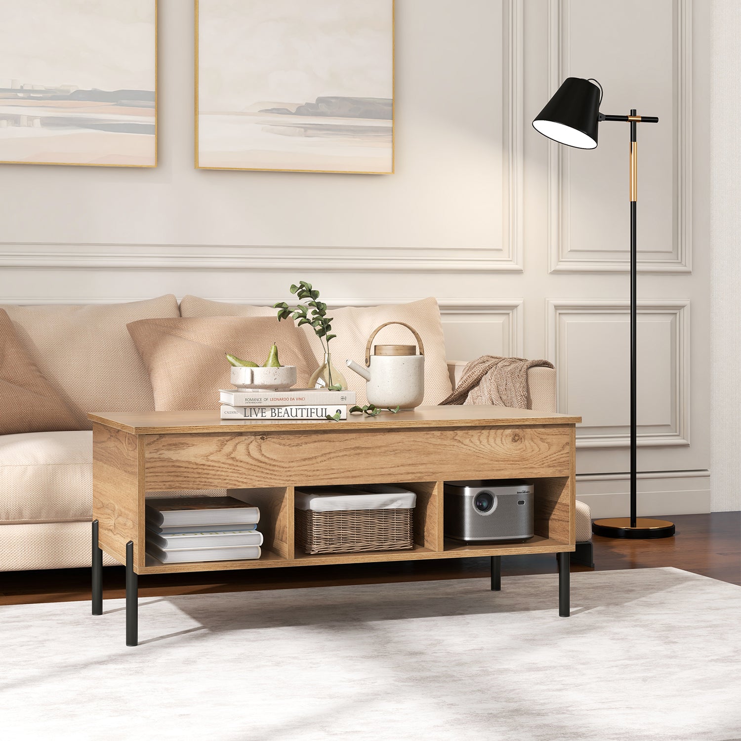 Living Room Central Table with Lifting Tabletop and Metal Legs-Natural