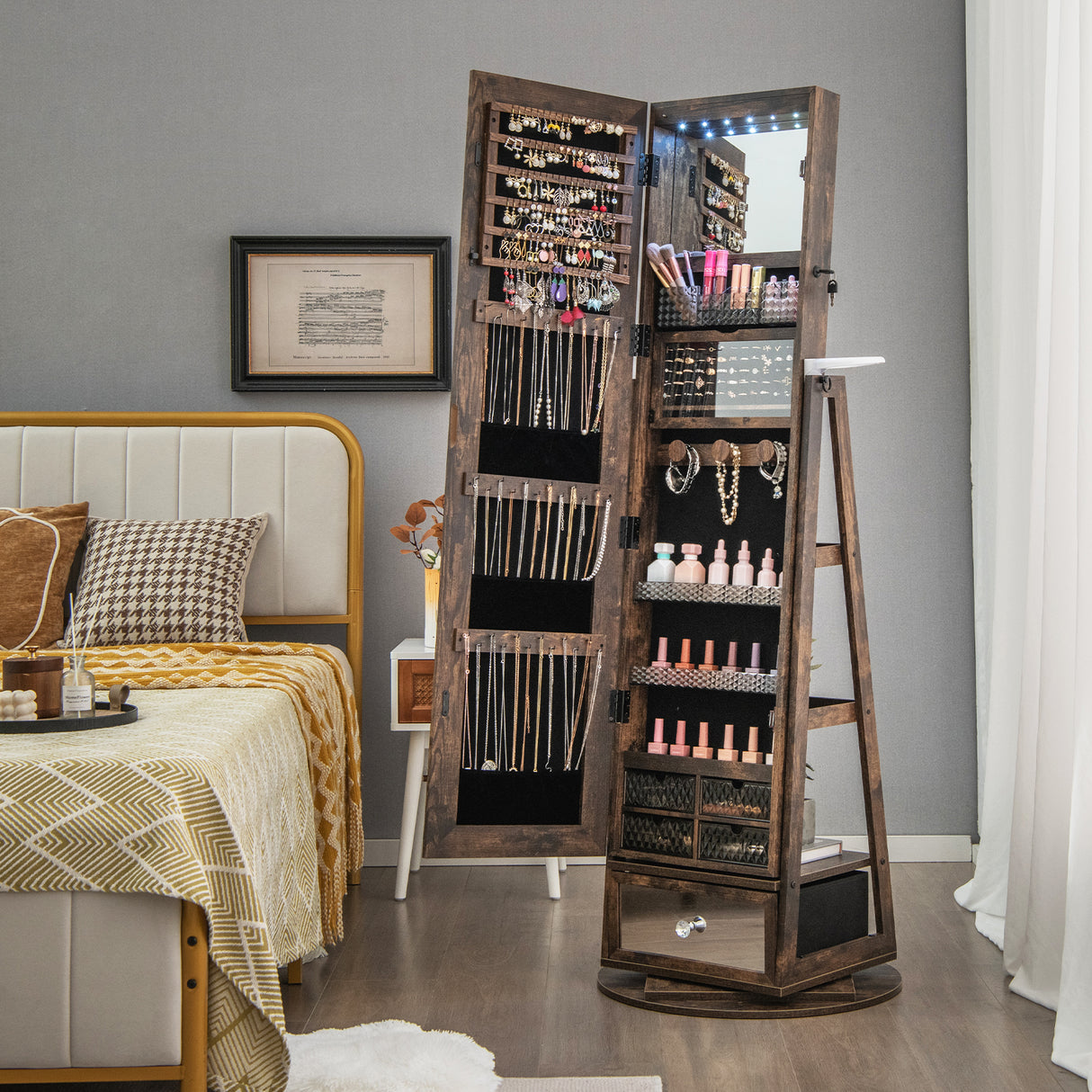 Lockable 360° Swivel Jewelry Cabinet with Full-Length Mirror LED Lights