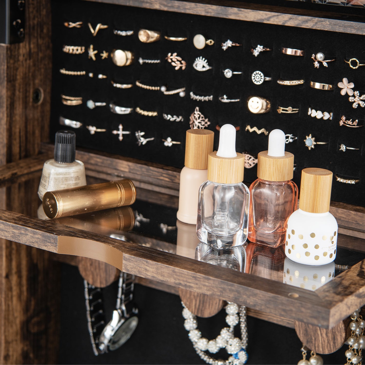 Lockable 360° Swivel Jewelry Cabinet with Full-Length Mirror LED Lights