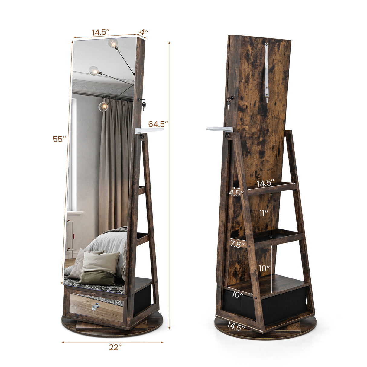 Lockable 360° Swivel Jewelry Cabinet with Full-Length Mirror LED Lights