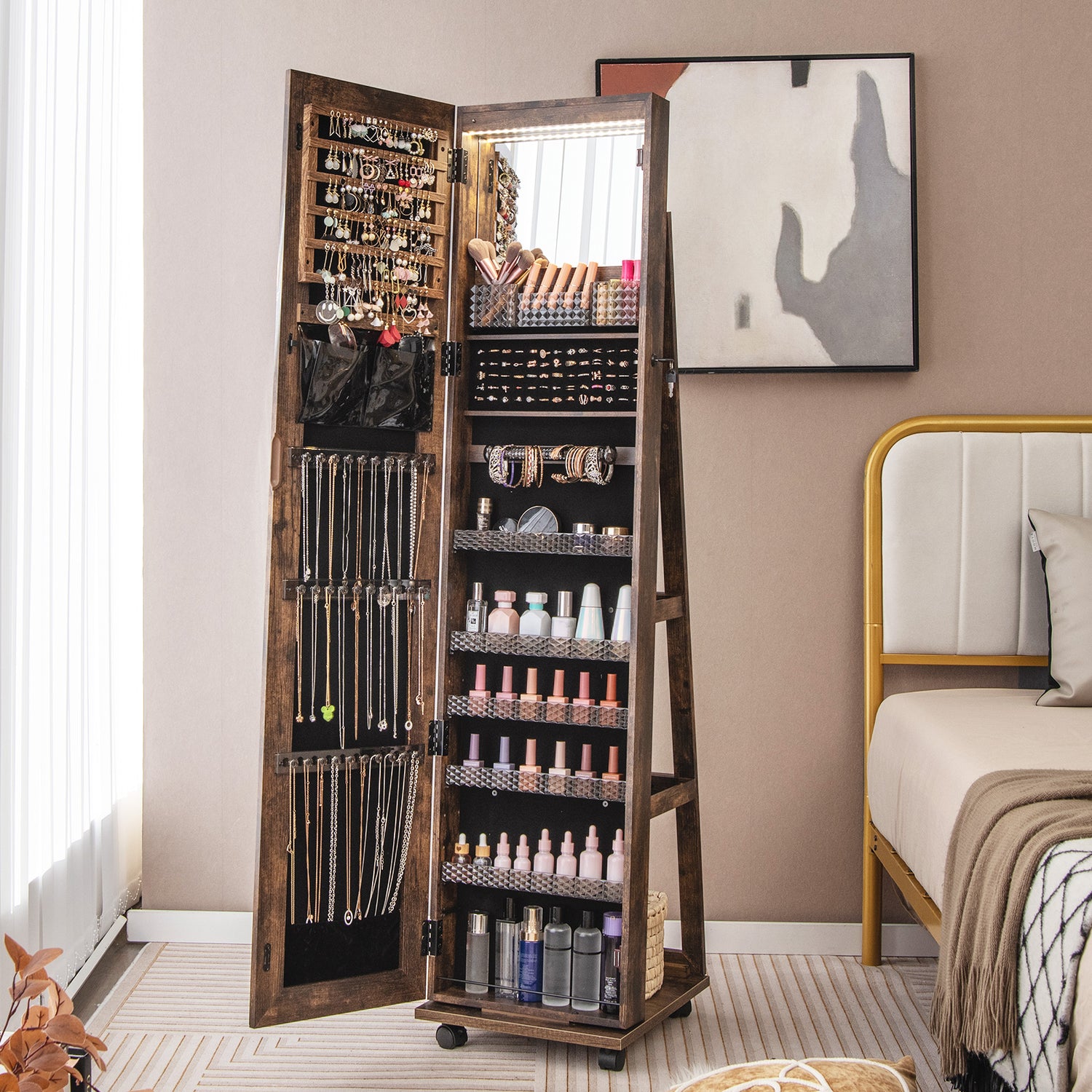 64 Inches Lockable Jewelry Cabinet Armoire with Built-in Makeup Mirror