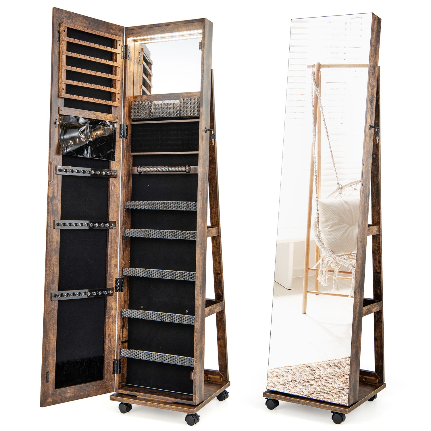 64 Inches Lockable Jewelry Cabinet Armoire with Built-in Makeup Mirror