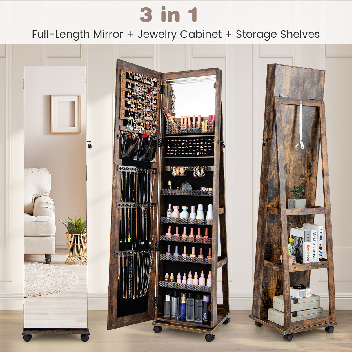 64 Inches Lockable Jewelry Cabinet Armoire with Built-in Makeup Mirror