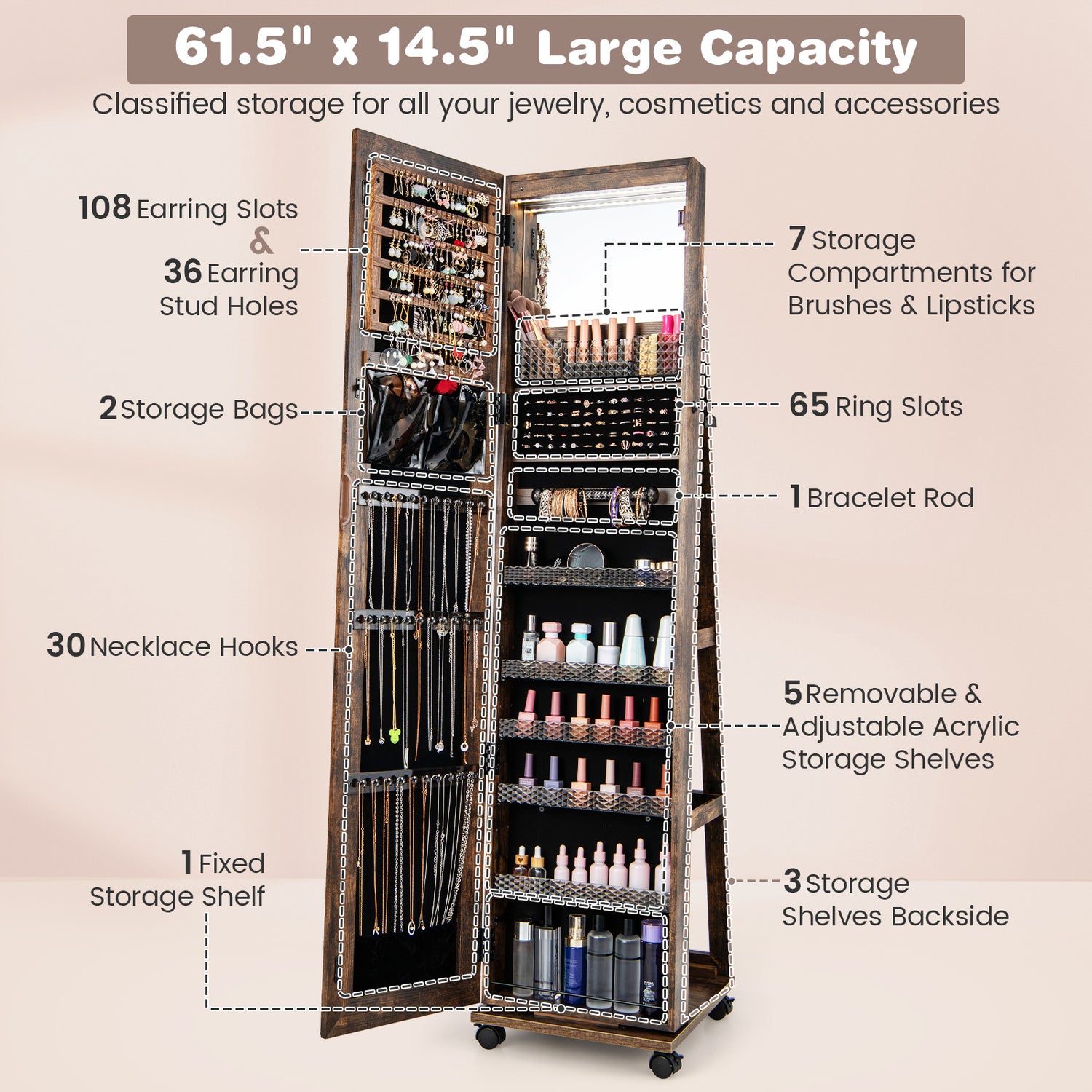64 Inches Lockable Jewelry Cabinet Armoire with Built-in Makeup Mirror