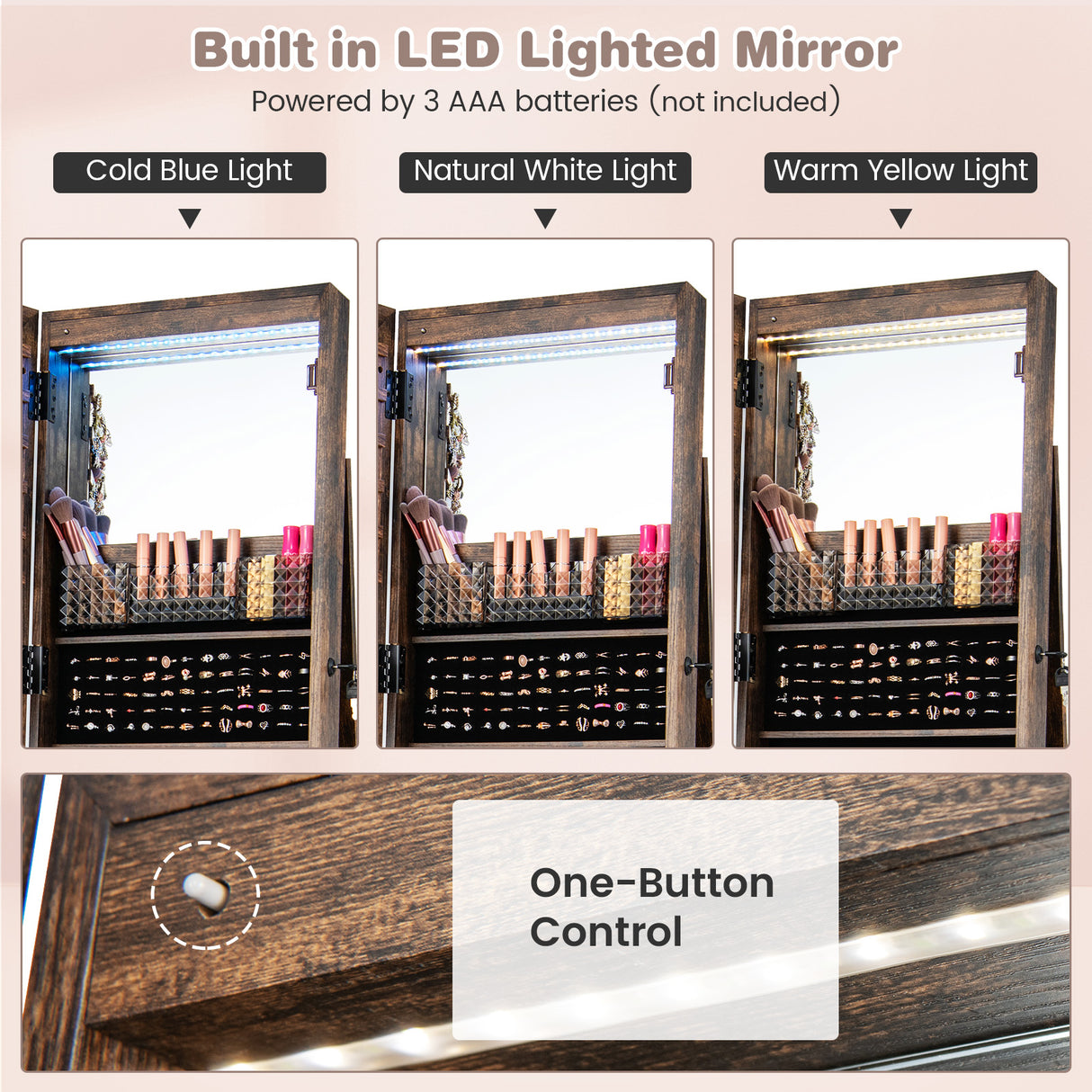 64 Inches Lockable Jewelry Cabinet Armoire with Built-in Makeup Mirror