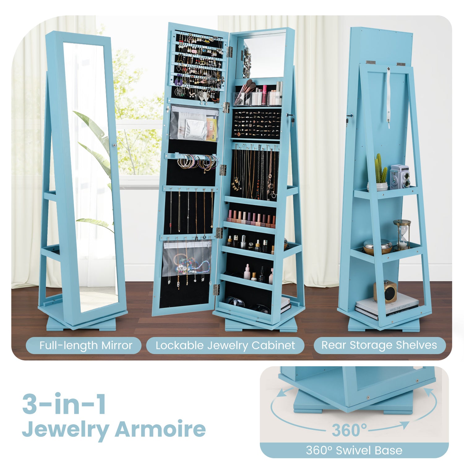 360° Rotatable 2-in-1 Lockable Jewelry Cabinet with Full-Length Mirror