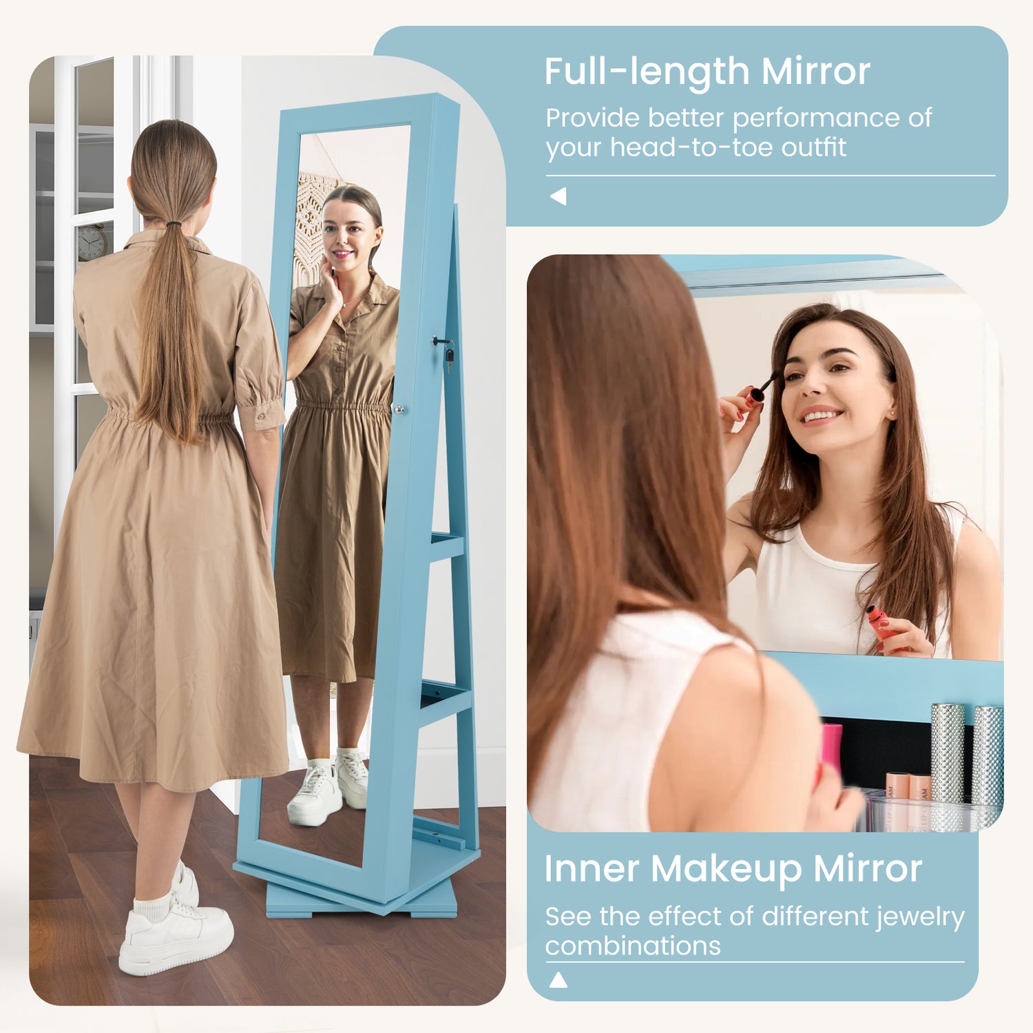 360° Rotatable 2-in-1 Lockable Jewelry Cabinet with Full-Length Mirror