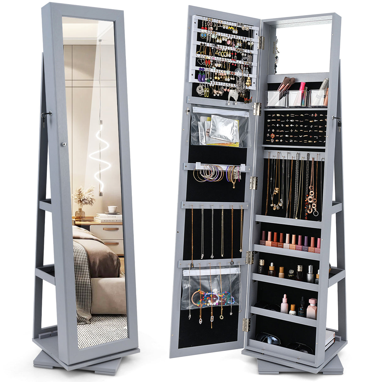 360° Rotatable 2-in-1 Lockable Jewelry Cabinet with Full-Length Mirror