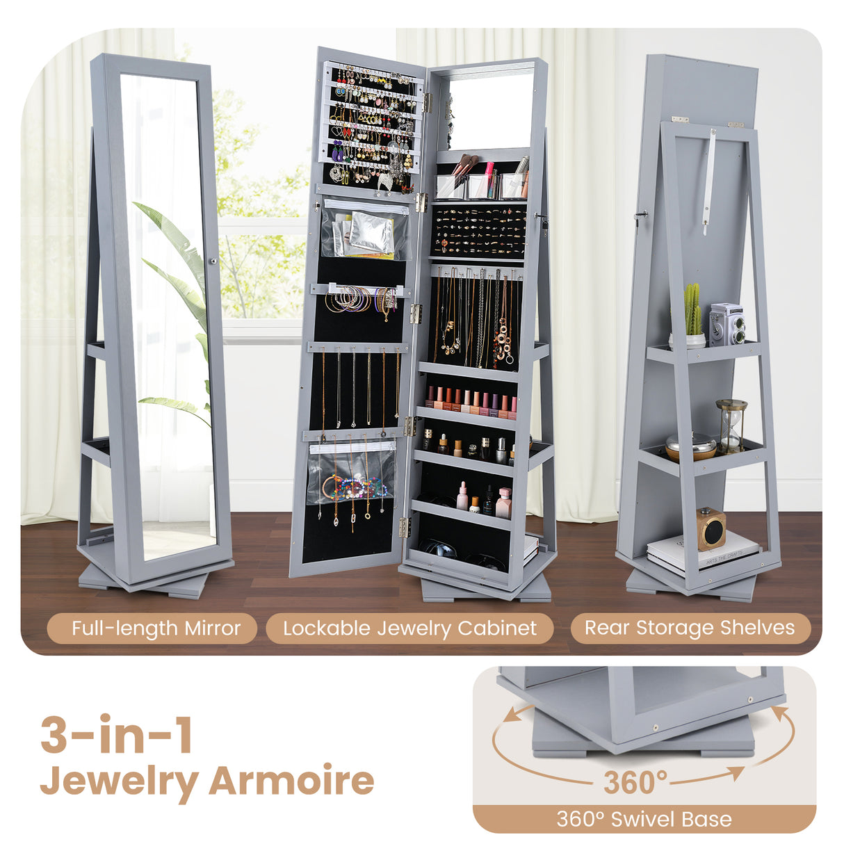 360° Rotatable 2-in-1 Lockable Jewelry Cabinet with Full-Length Mirror