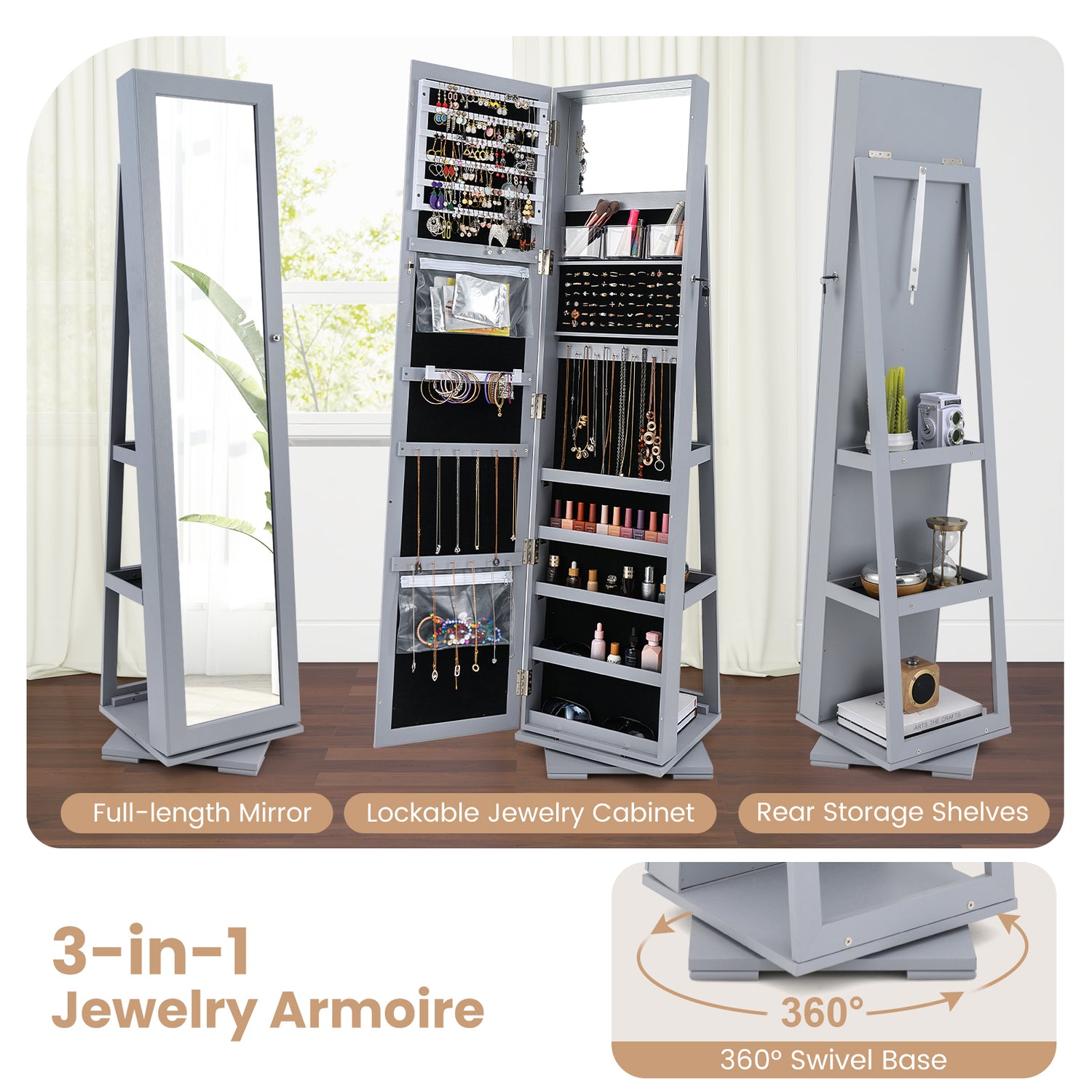 360° Rotatable 2-in-1 Lockable Jewelry Cabinet with Full-Length Mirror