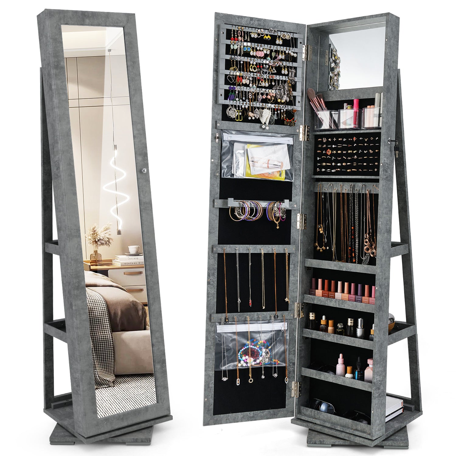 360° Rotatable 2-in-1 Lockable Jewelry Cabinet with Full-Length Mirror