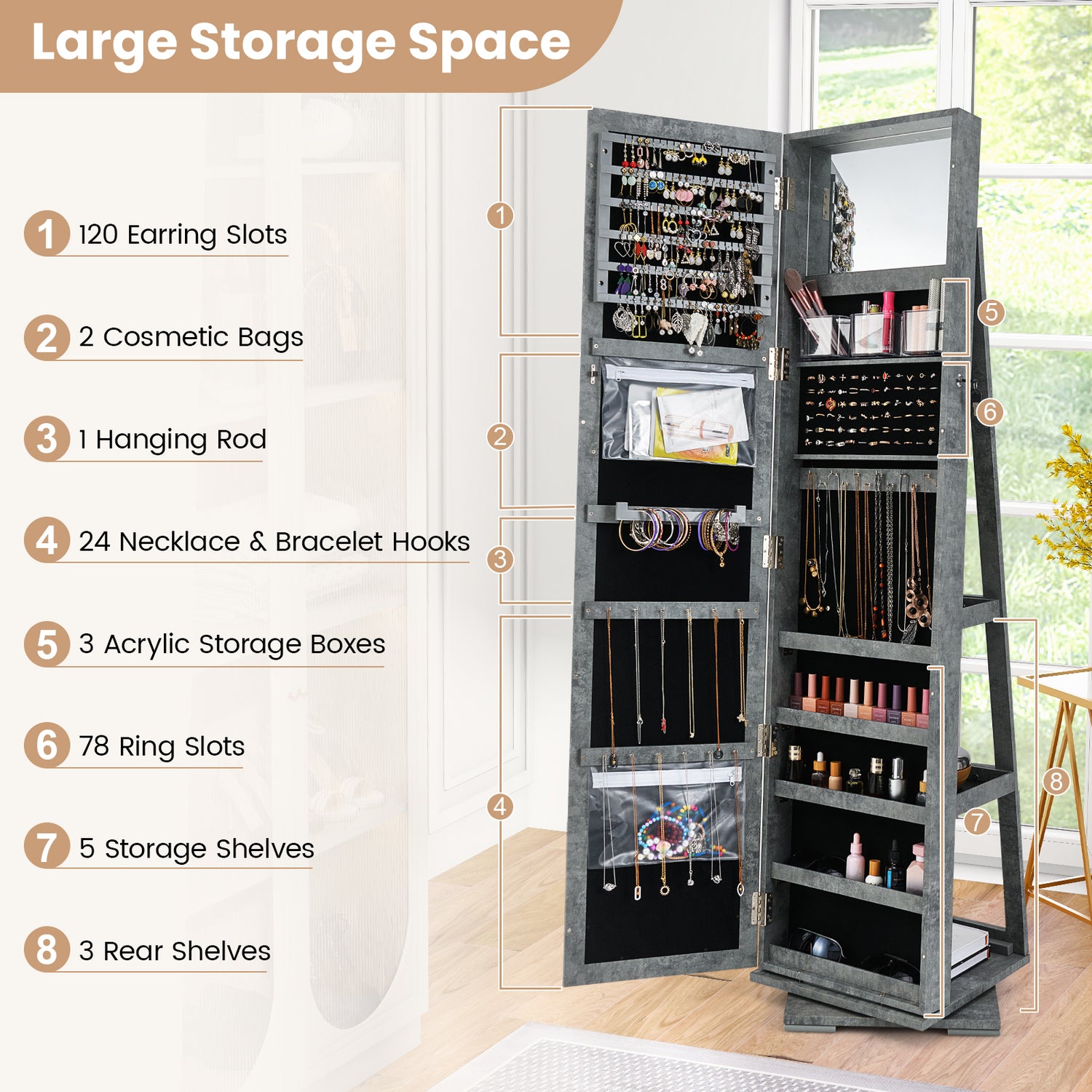 360° Rotatable 2-in-1 Lockable Jewelry Cabinet with Full-Length Mirror