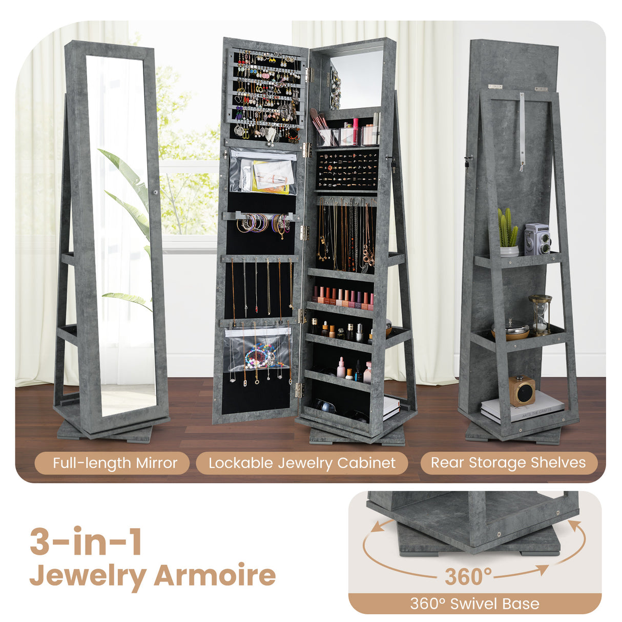 360° Rotatable 2-in-1 Lockable Jewelry Cabinet with Full-Length Mirror