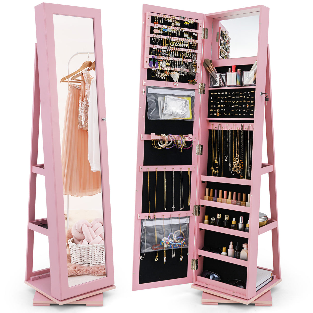 360° Rotatable 2-in-1 Lockable Jewelry Cabinet with Full-Length Mirror