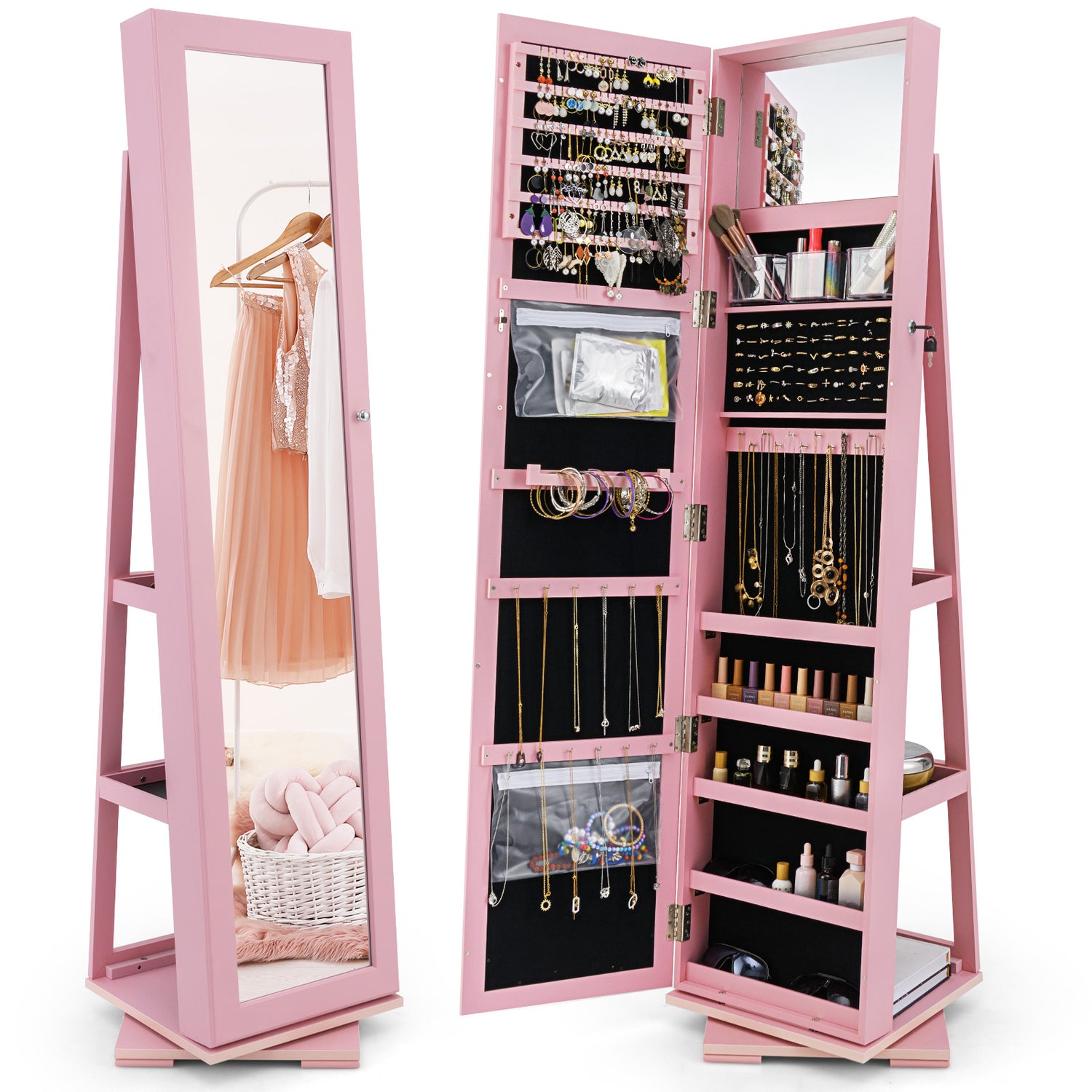 360° Rotatable 2-in-1 Lockable Jewelry Cabinet with Full-Length Mirror