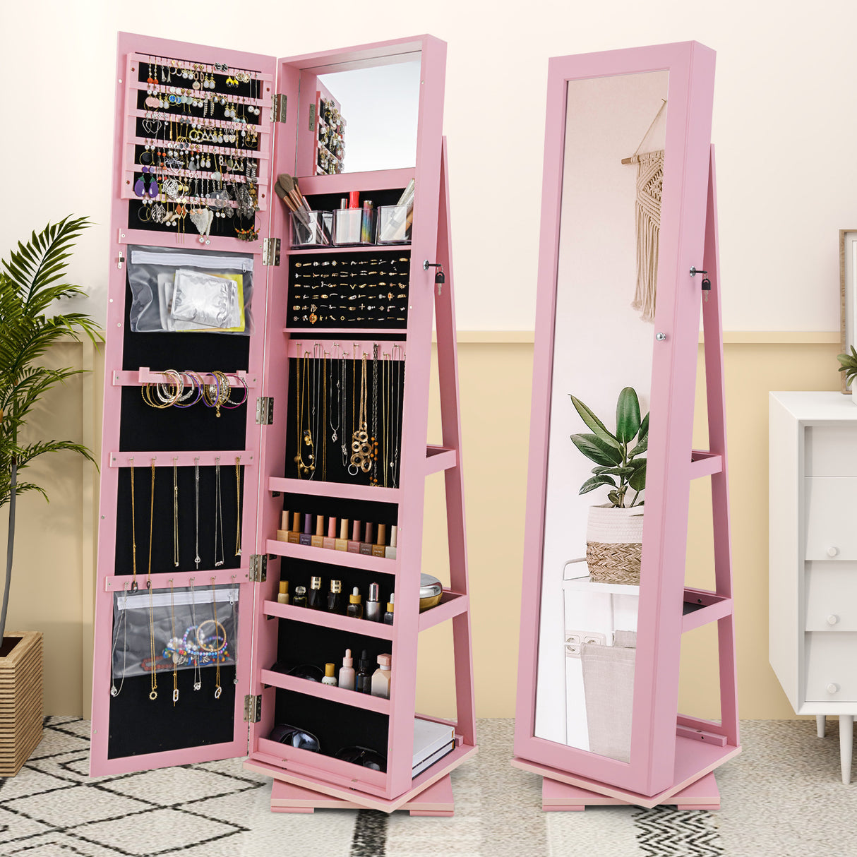 360° Rotatable 2-in-1 Lockable Jewelry Cabinet with Full-Length Mirror