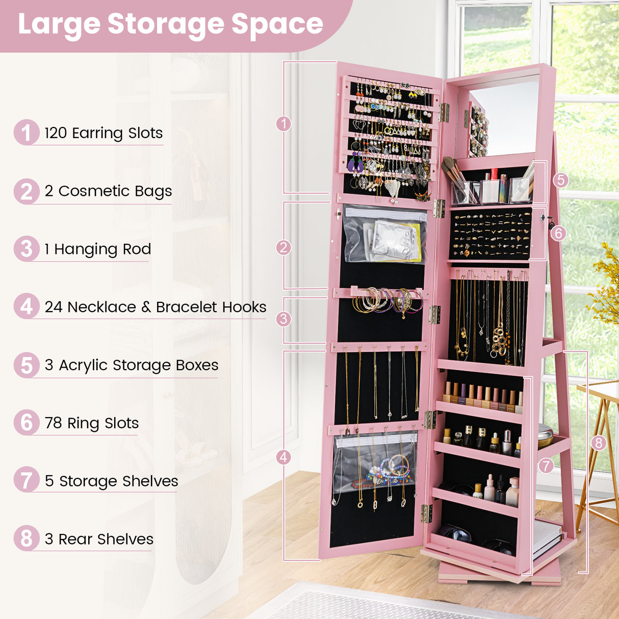 360° Rotatable 2-in-1 Lockable Jewelry Cabinet with Full-Length Mirror