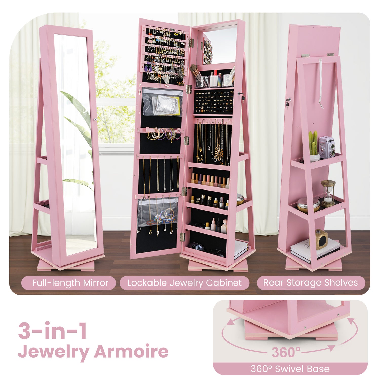 360° Rotatable 2-in-1 Lockable Jewelry Cabinet with Full-Length Mirror