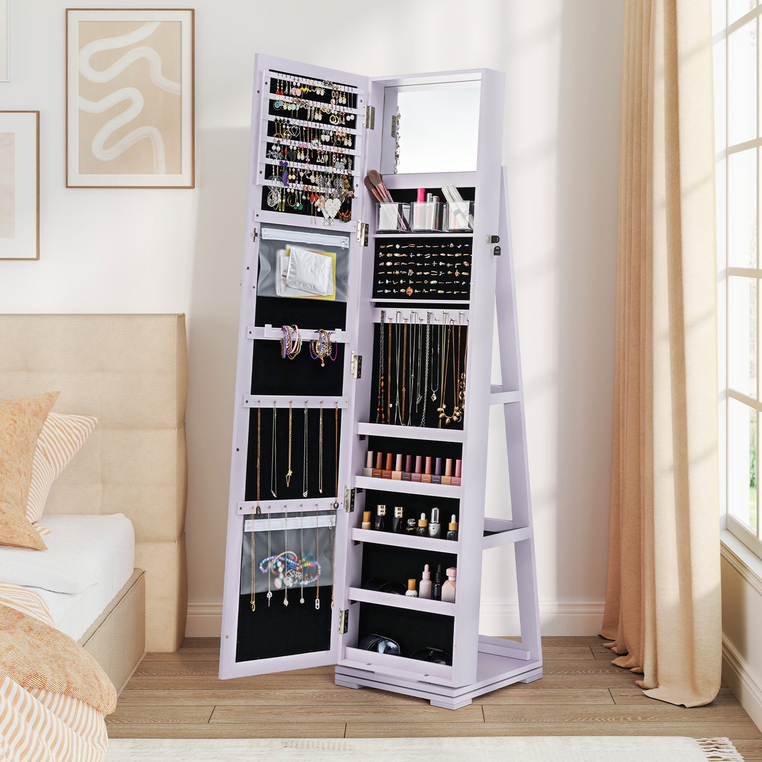 360° Rotatable 2-in-1 Lockable Jewelry Cabinet with Full-Length Mirror