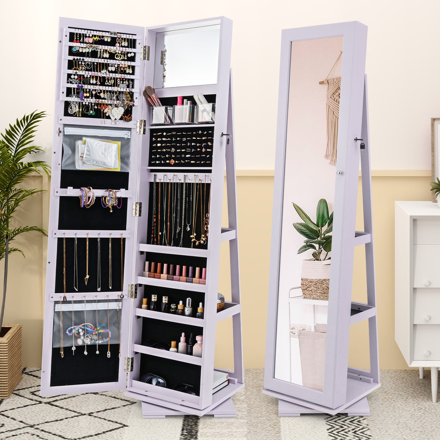 360° Rotatable 2-in-1 Lockable Jewelry Cabinet with Full-Length Mirror
