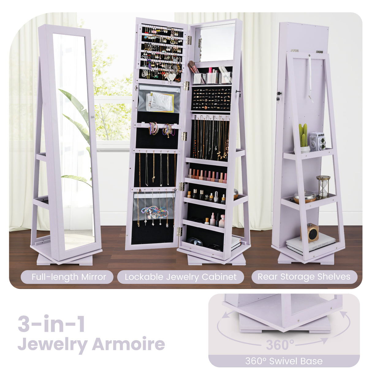 360° Rotatable 2-in-1 Lockable Jewelry Cabinet with Full-Length Mirror