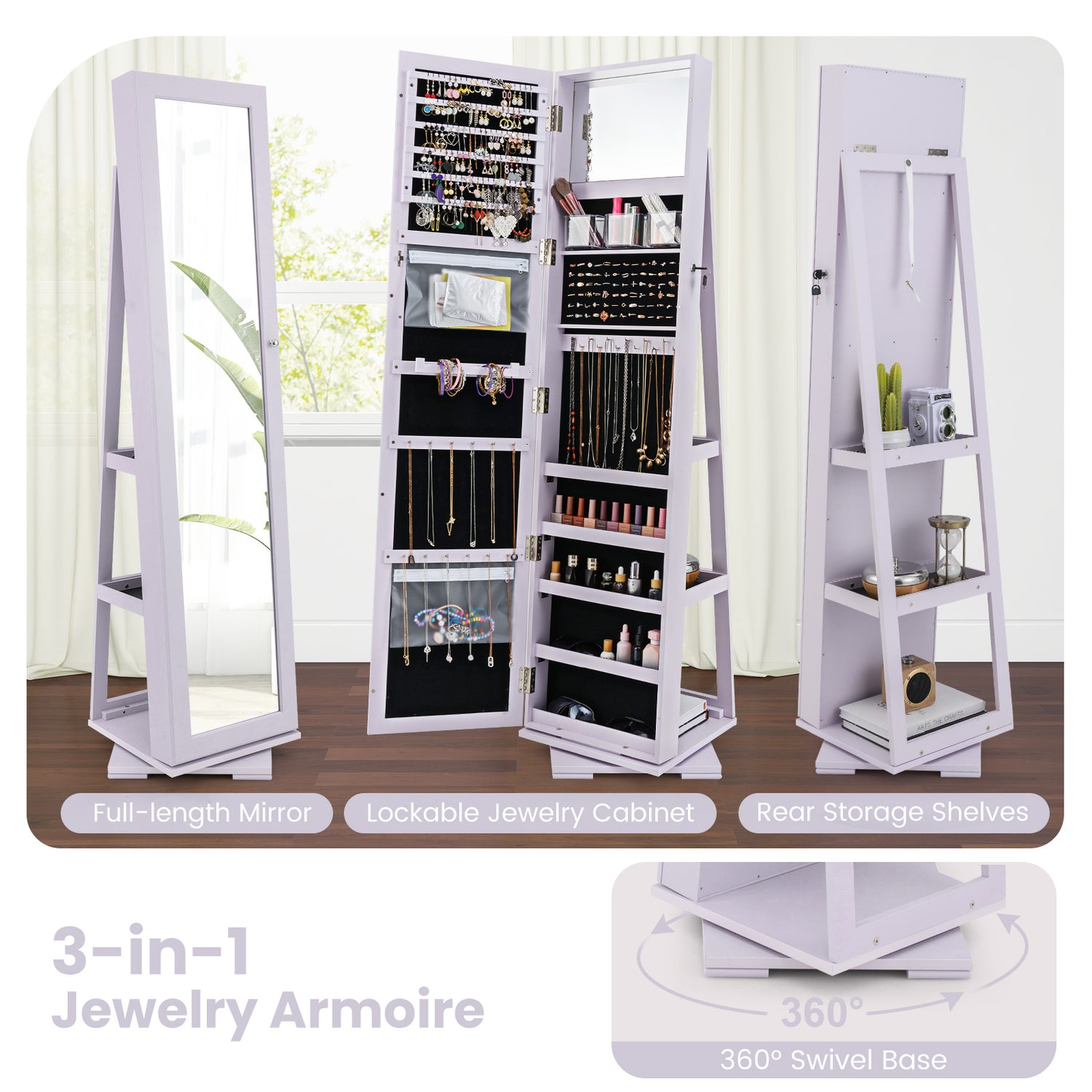 360° Rotatable 2-in-1 Lockable Jewelry Cabinet with Full-Length Mirror