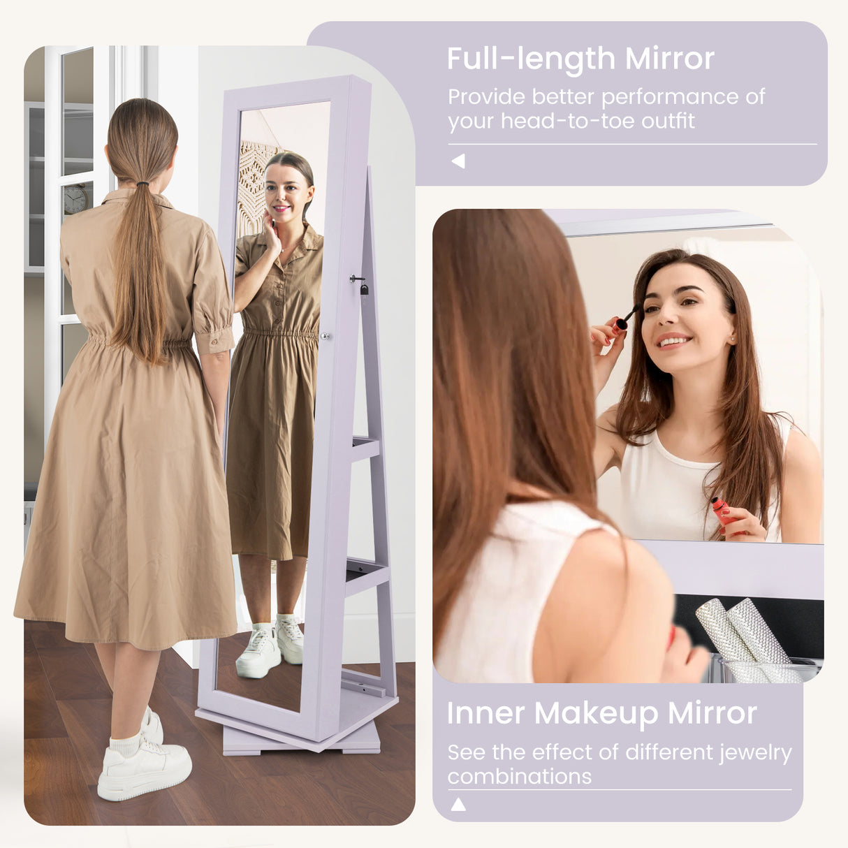 360° Rotatable 2-in-1 Lockable Jewelry Cabinet with Full-Length Mirror