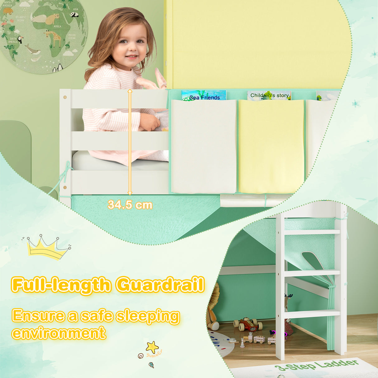 Twin Size Loft Bed Playhouse Bed Frame with Tower Tent and 3 Storage Pockets