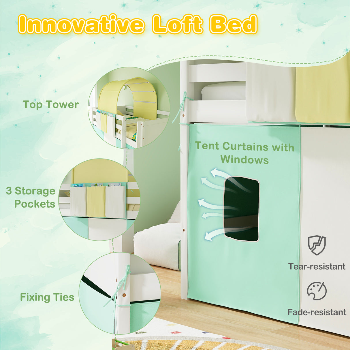 Twin Size Loft Bed Playhouse Bed Frame with Tower Tent and 3 Storage Pockets