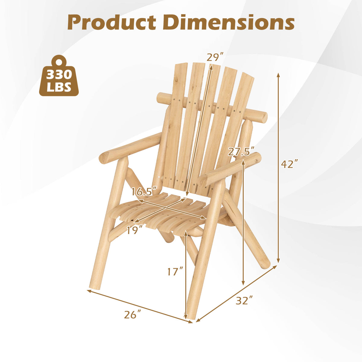 Log Wood Patio Chair with Slatted Backrest for Deck Backyard