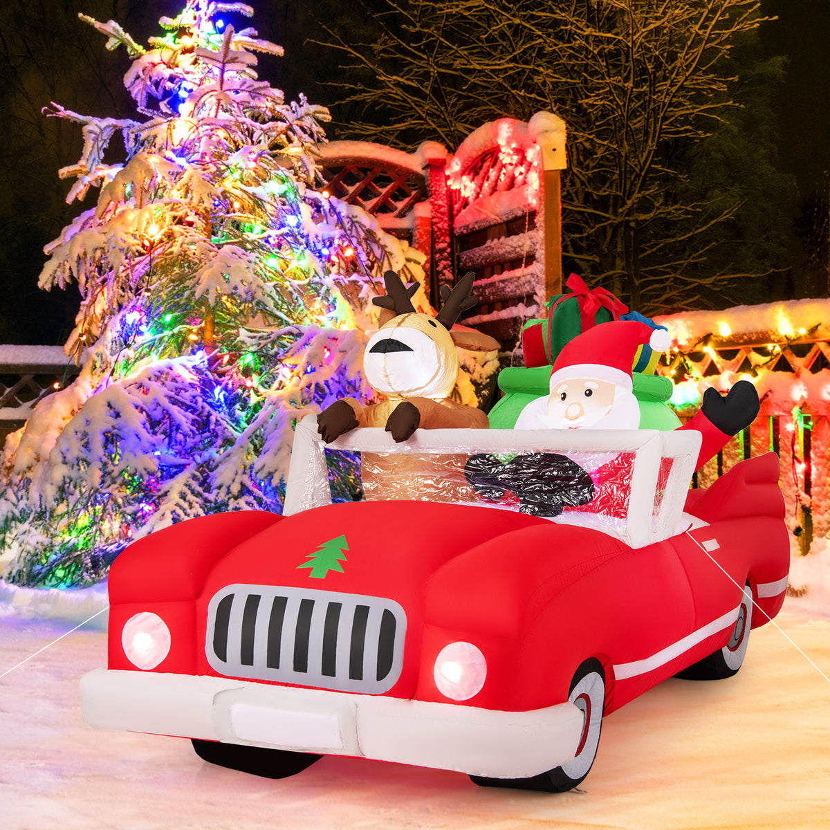 7.7 Feet Long Christmas Inflatable Santa Claus and Reindeer Riding Red Car with Gift Bag and 9 LED White Lights