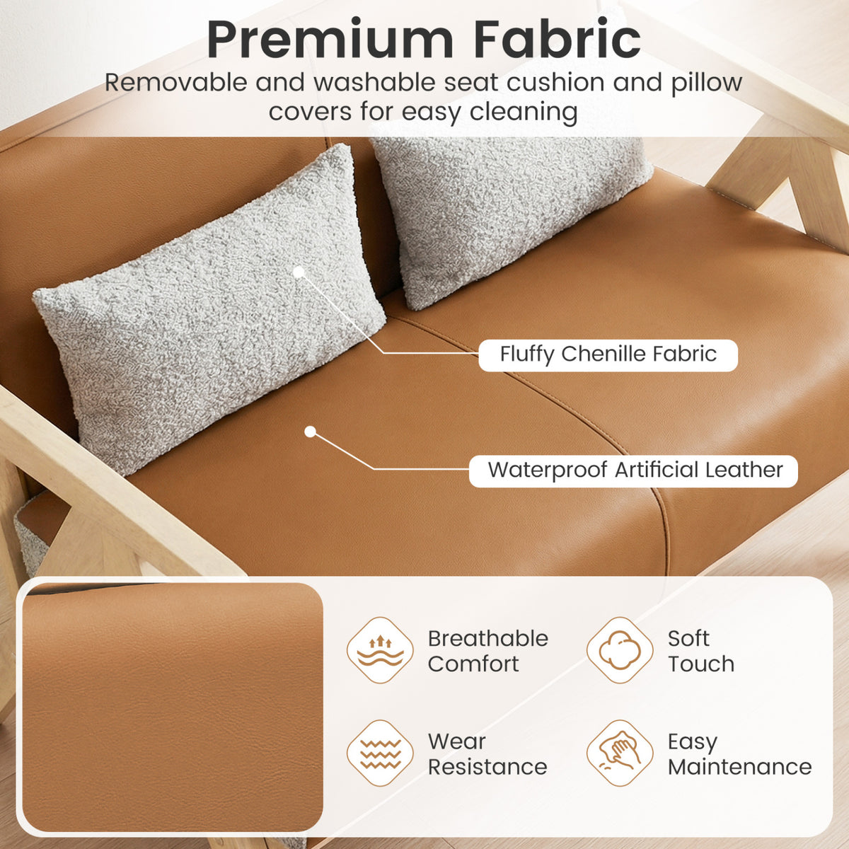Loveseat Sofa for Small Spaces with Throw Pillows Rubber Wood Frame Padded Seat