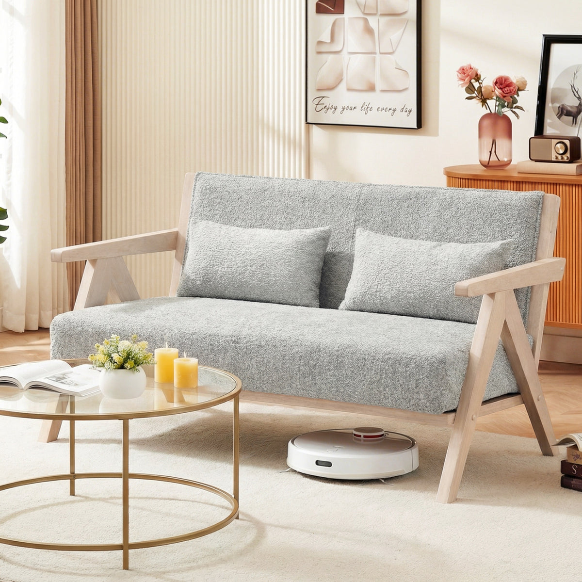 Loveseat Sofa for Small Spaces with Throw Pillows Rubber Wood Frame Padded Seat
