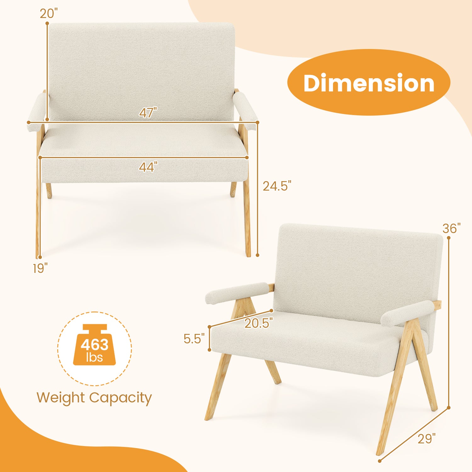 Loveseat Sofa with Armrests and Wooden Legs