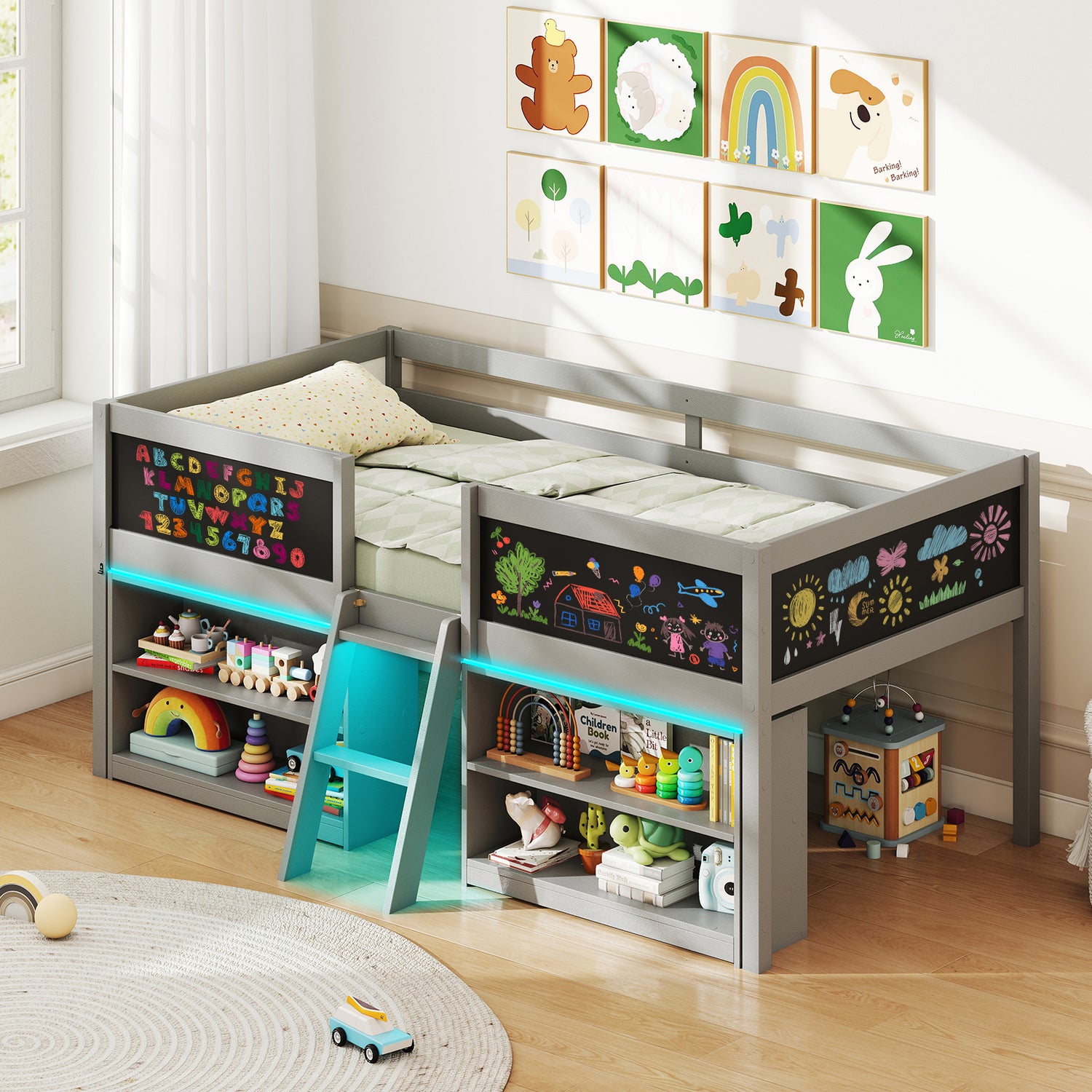 Low Loft Bed with LED Lights Kid's Cabin Bed with Bookcases