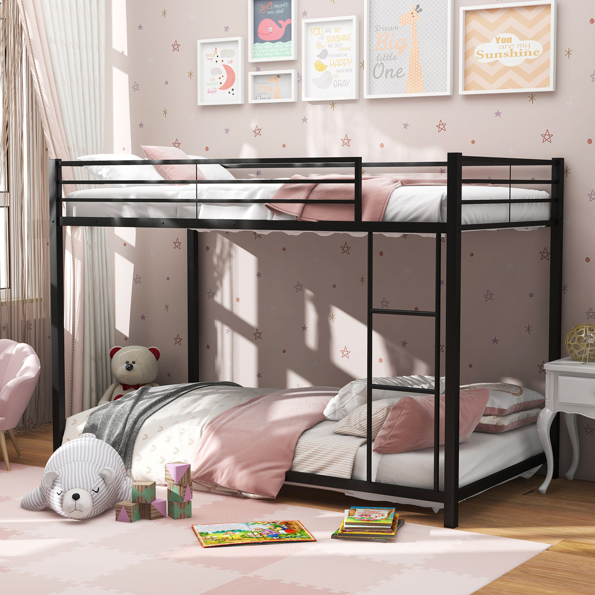 Low Profile Twin Over Twin Metal Bunk Bed with Full-length Guardrails
