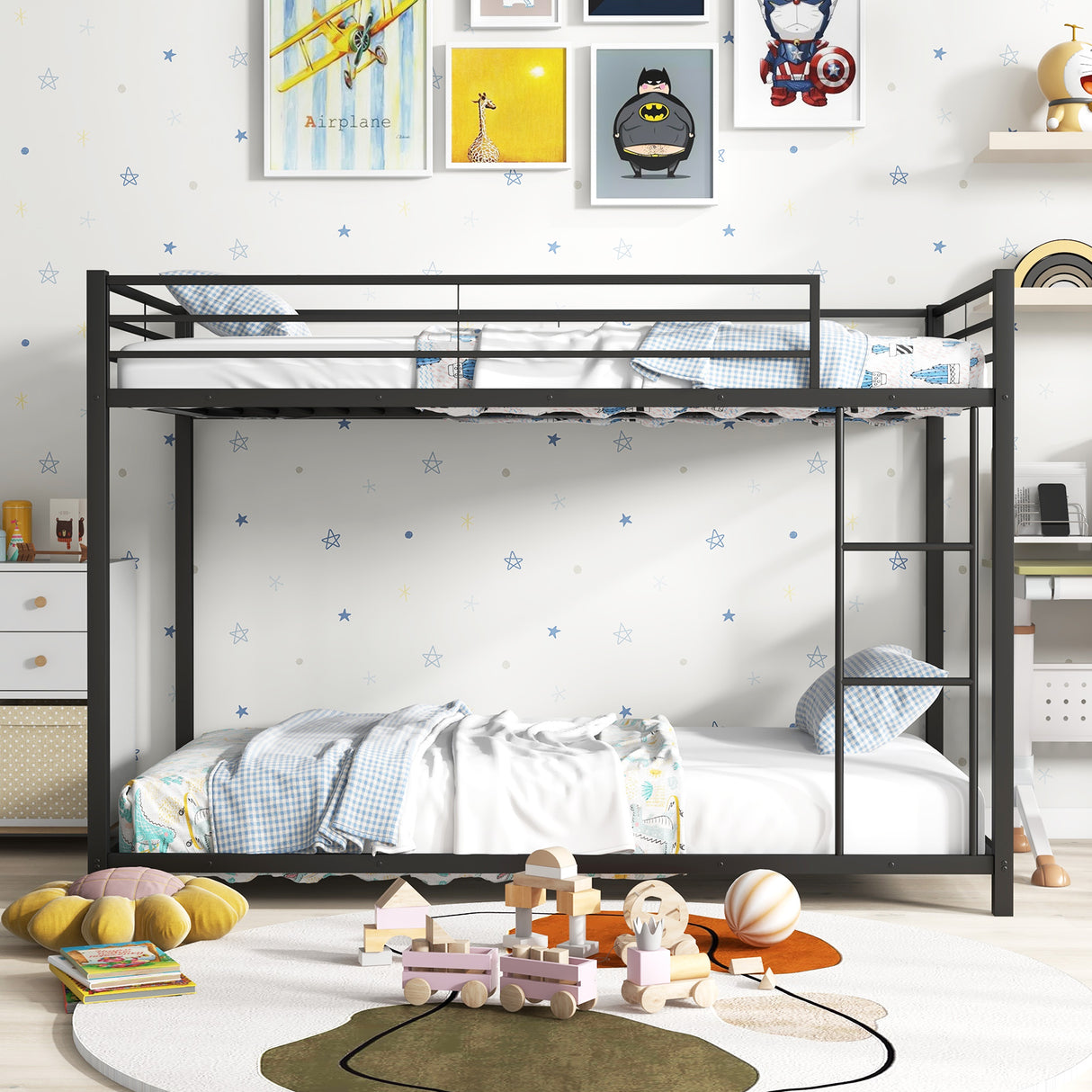 Low Profile Twin Over Twin Metal Bunk Bed with Full-length Guardrails