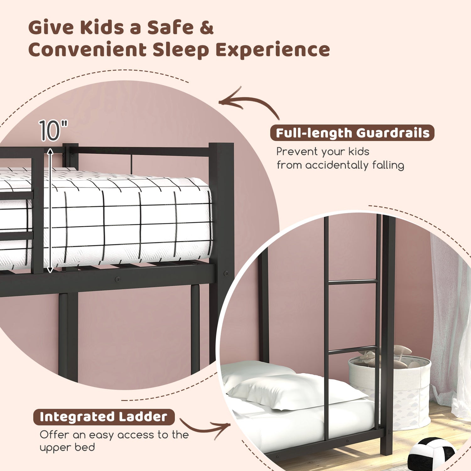 Low Profile Twin Over Twin Metal Bunk Bed with Full-length Guardrails