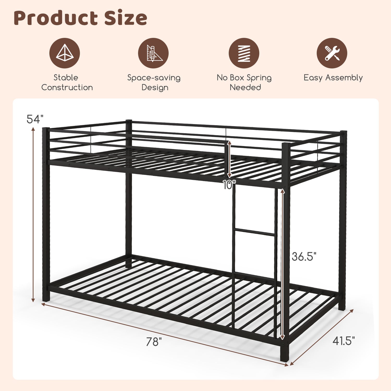 Low Profile Twin Over Twin Metal Bunk Bed with Full-length Guardrails