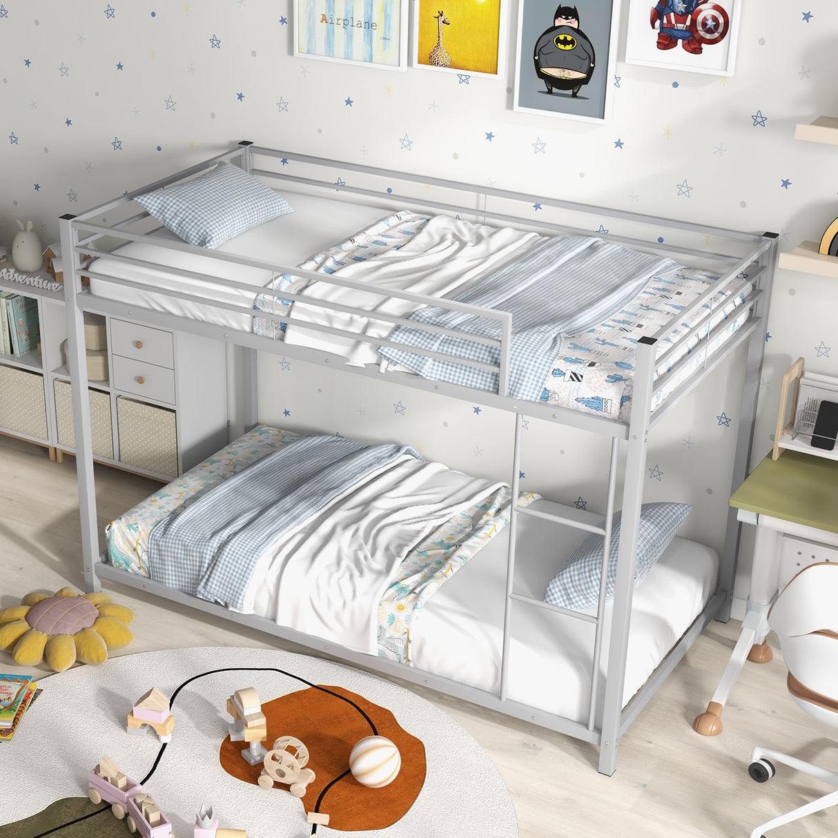 Low Profile Twin Over Twin Metal Bunk Bed with Full-length Guardrails