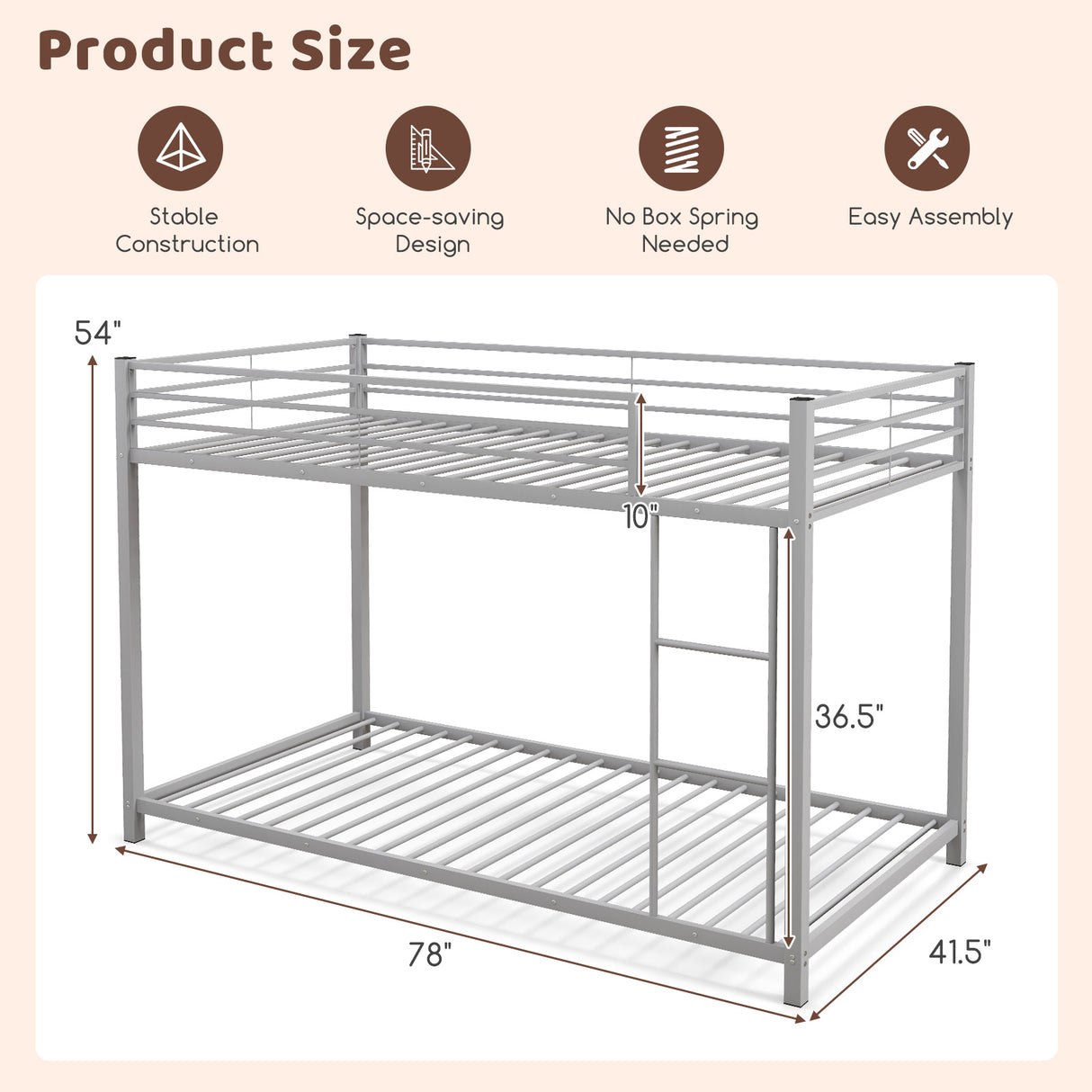 Low Profile Twin Over Twin Metal Bunk Bed with Full-length Guardrails