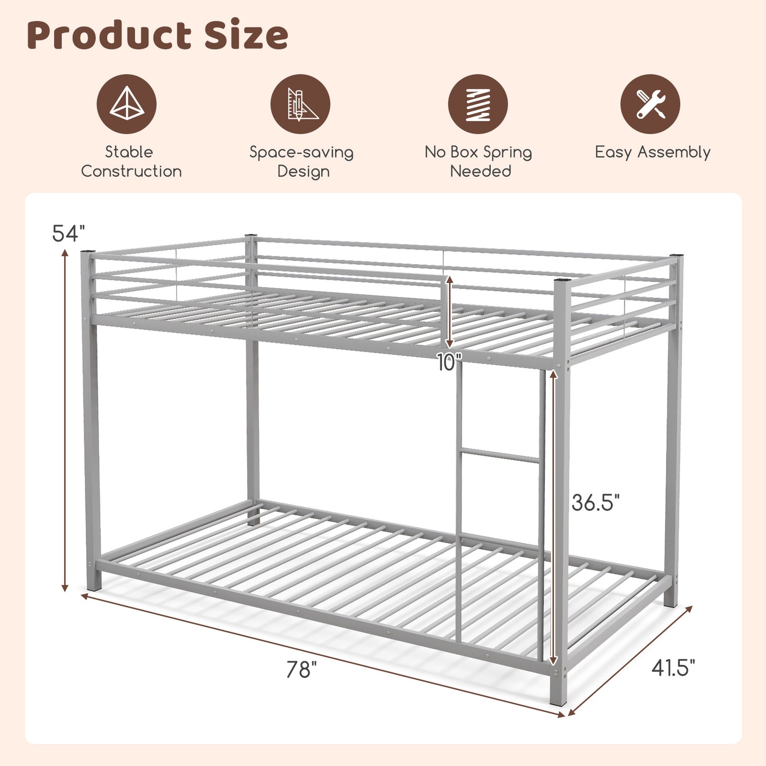 Low Profile Twin Over Twin Metal Bunk Bed with Full-length Guardrails