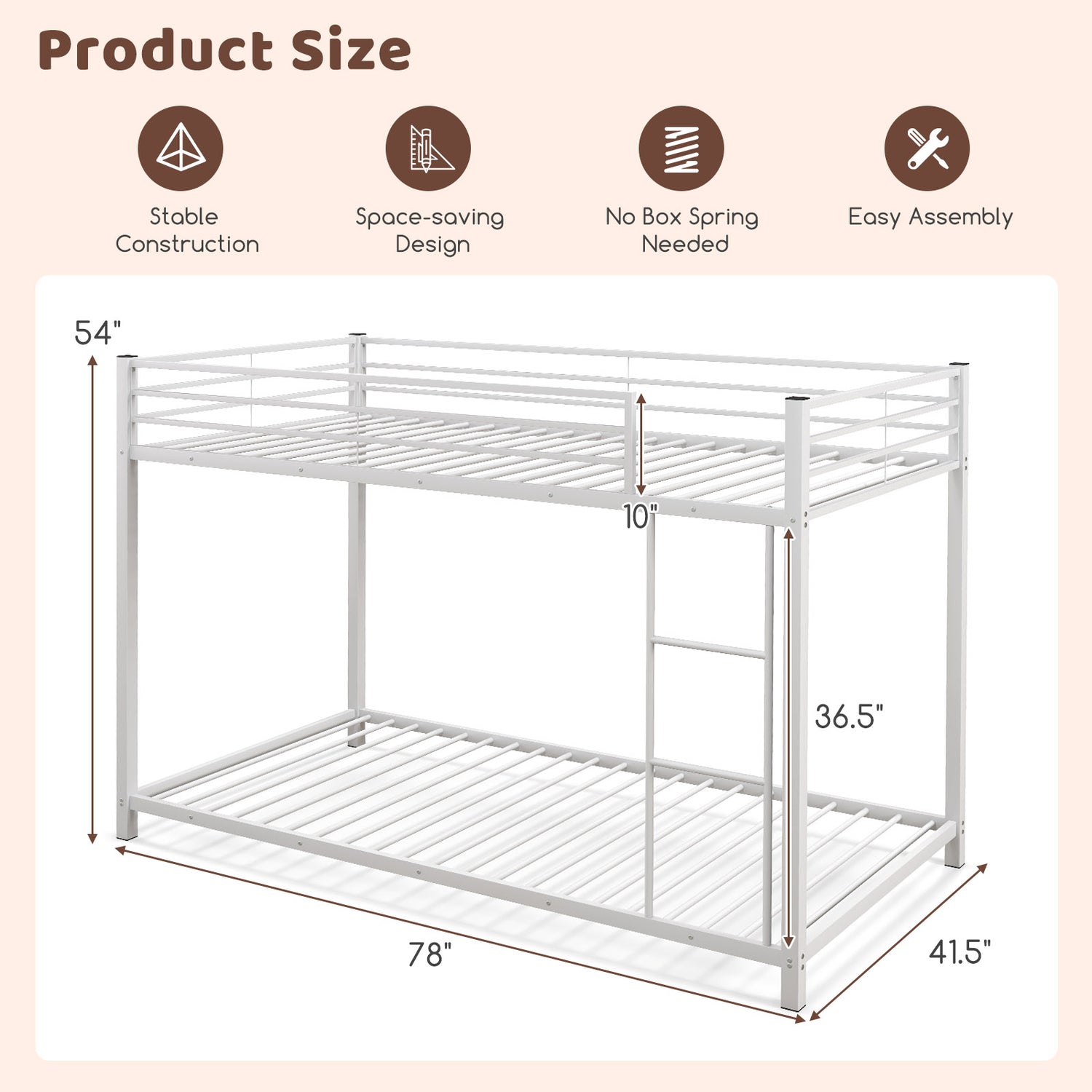 Low Profile Twin Over Twin Metal Bunk Bed with Full-length Guardrails