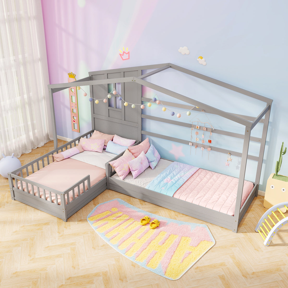 L-shaped Double Twin Beds House Platform Beds with Fences Corner Bed Frame